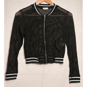 Beach Royal Black Mesh Bomber Jacket Varsity Stripe Trim Zip Front Womens Sz XS